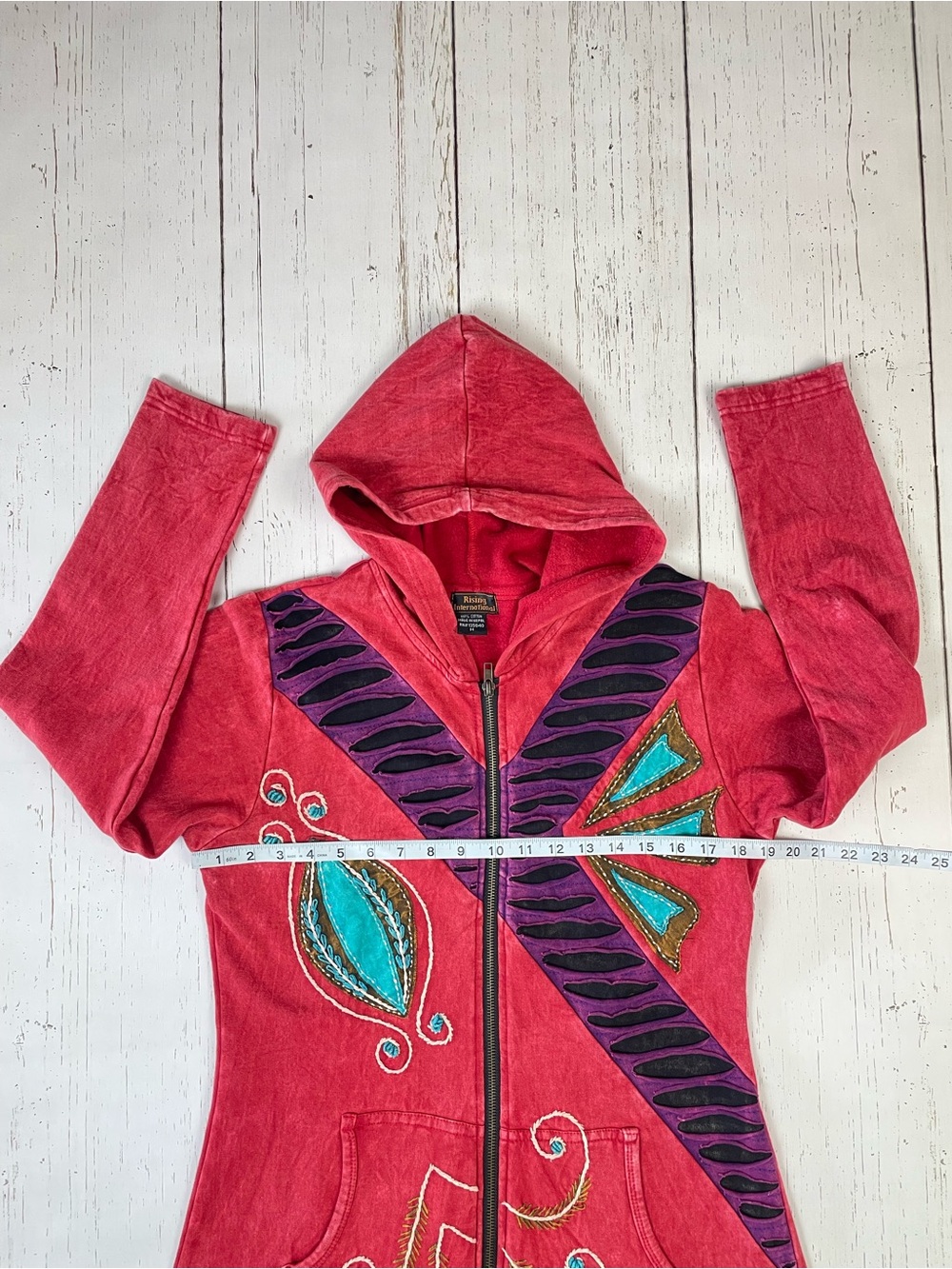 Rising International Patchwork Embroidered Long Zip Up Hoodie *Made in Nepal - Picture 3 of 16